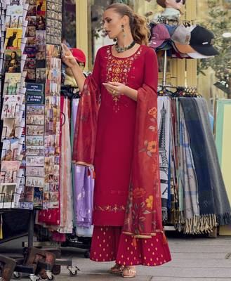  maroon milan silk floral embroidered straight kurta with divider plazzo & dupatta 5