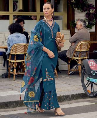  teal milan silk floral embroidered straight kurta with divider plazzo & dupatta 4