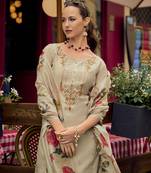  khaki milan silk floral embroidered straight kurta with divider plazzo & dupatta