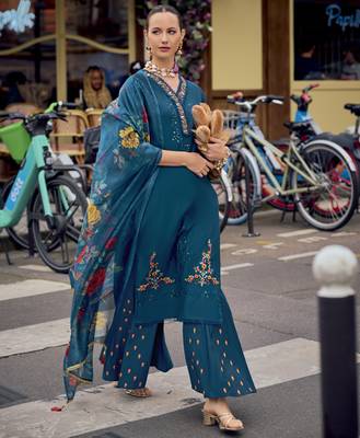  teal milan silk floral embroidered straight kurta with divider plazzo & dupatta 5
