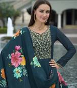  teal vichitra silk floral embroidered anarkali kurta with pant & dupatta