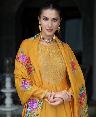  orange vichitra silk floral embroidered anarkali kurta with pant & dupatta 2