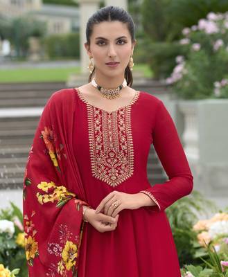  red vichitra silk floral embroidered anarkali kurta with pant & dupatta 1