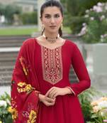  red vichitra silk floral embroidered anarkali kurta with pant & dupatta