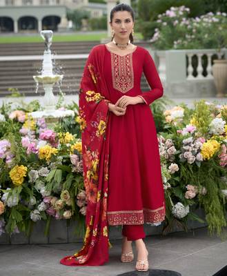  red vichitra silk floral embroidered anarkali kurta with pant & dupatta 2