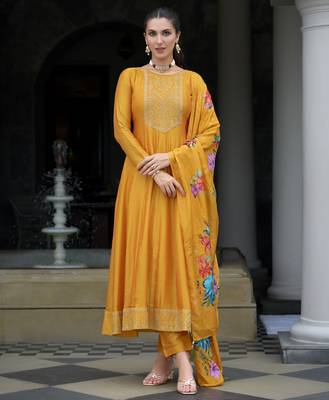  orange vichitra silk floral embroidered anarkali kurta with pant & dupatta 1