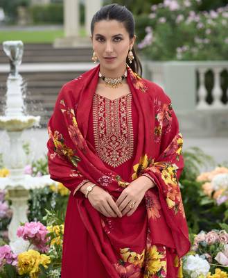  red vichitra silk floral embroidered anarkali kurta with pant & dupatta 3