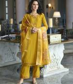  mustard viscose silk floral embroidered straight kurta with palazzo & dupatta