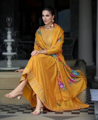  orange vichitra silk floral embroidered anarkali kurta with pant & dupatta 3