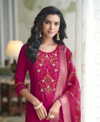Hot Pink Viscose Floral Embroidered Kurta Palazzo Set  1