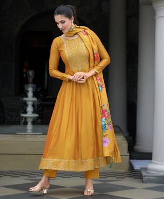  orange vichitra silk floral embroidered anarkali kurta with pant & dupatta 4