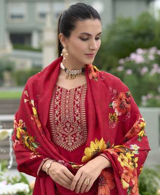  red vichitra silk floral embroidered anarkali kurta with pant & dupatta 4