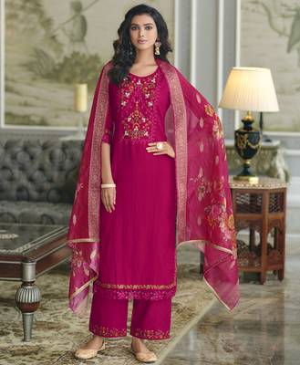 Hot Pink Viscose Floral Embroidered Kurta Palazzo Set  2