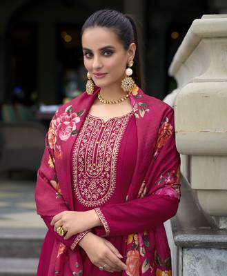 Mojilaa women's magenta vichitra silk floral embroidered anarkali kurta with pant & dupatta 1