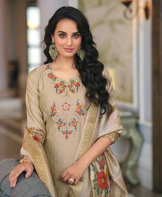  khaki viscose silk floral embroidered straight kurta with palazzo & dupatta 2