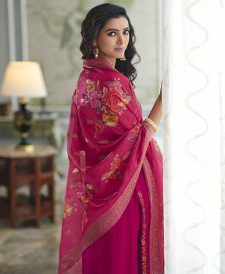 Hot Pink Viscose Floral Embroidered Kurta Palazzo Set  3