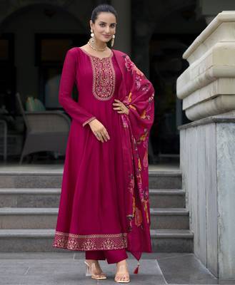 Mojilaa women's magenta vichitra silk floral embroidered anarkali kurta with pant & dupatta 2