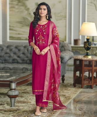 Hot Pink Viscose Floral Embroidered Kurta Palazzo Set  4