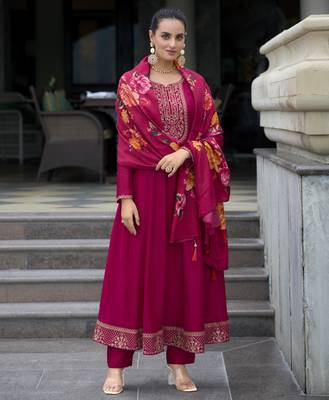 Mojilaa women's magenta vichitra silk floral embroidered anarkali kurta with pant & dupatta 3