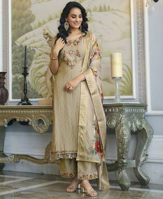  khaki viscose silk floral embroidered straight kurta with palazzo & dupatta 3