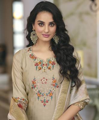  khaki viscose silk floral embroidered straight kurta with palazzo & dupatta 4