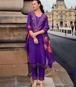  purple viscose silk floral & leaf embroidered straight kurta with pant & dupatta