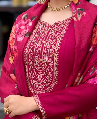 Mojilaa women's magenta vichitra silk floral embroidered anarkali kurta with pant & dupatta 5