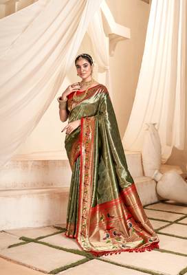 Mehendi designer weaving paithani tissue silk blend saree with blouse 1