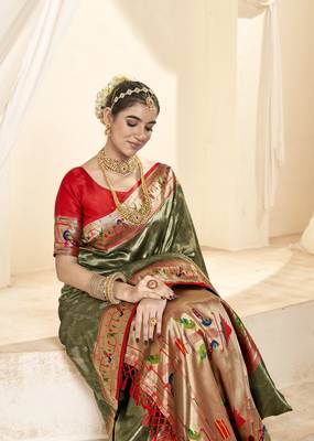 Mehendi designer weaving paithani tissue silk blend saree with blouse 2