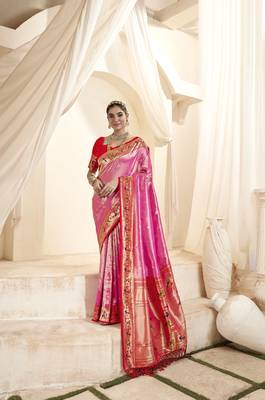 Pink designer weaving paithani tissue silk blend saree with blouse 1