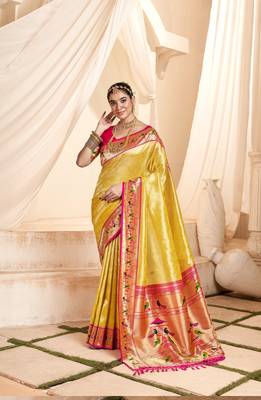 Yellow designer weaving paithani tissue silk blend saree with blouse 1