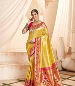 Yellow designer weaving paithani tissue silk blend saree with blouse