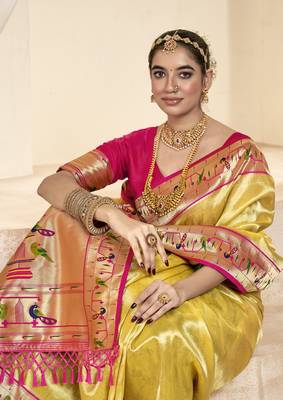 Yellow designer weaving paithani tissue silk blend saree with blouse 2