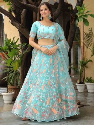 Awesome SkyBlue Sequins Georgette Engagement Lehenga Choli 2