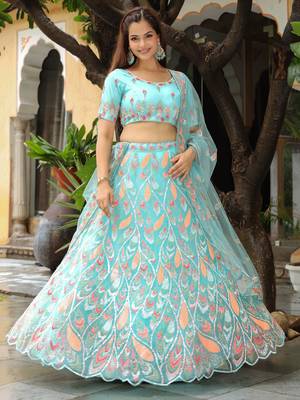 Awesome SkyBlue Sequins Georgette Engagement Lehenga Choli 3