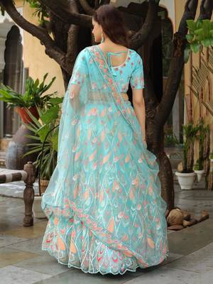 Awesome SkyBlue Sequins Georgette Engagement Lehenga Choli 4
