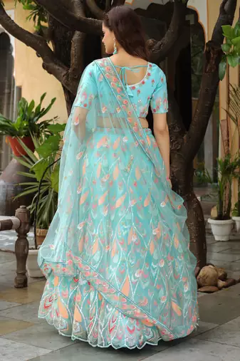 Awesome SkyBlue Sequins Georgette Engagement Lehenga Choli