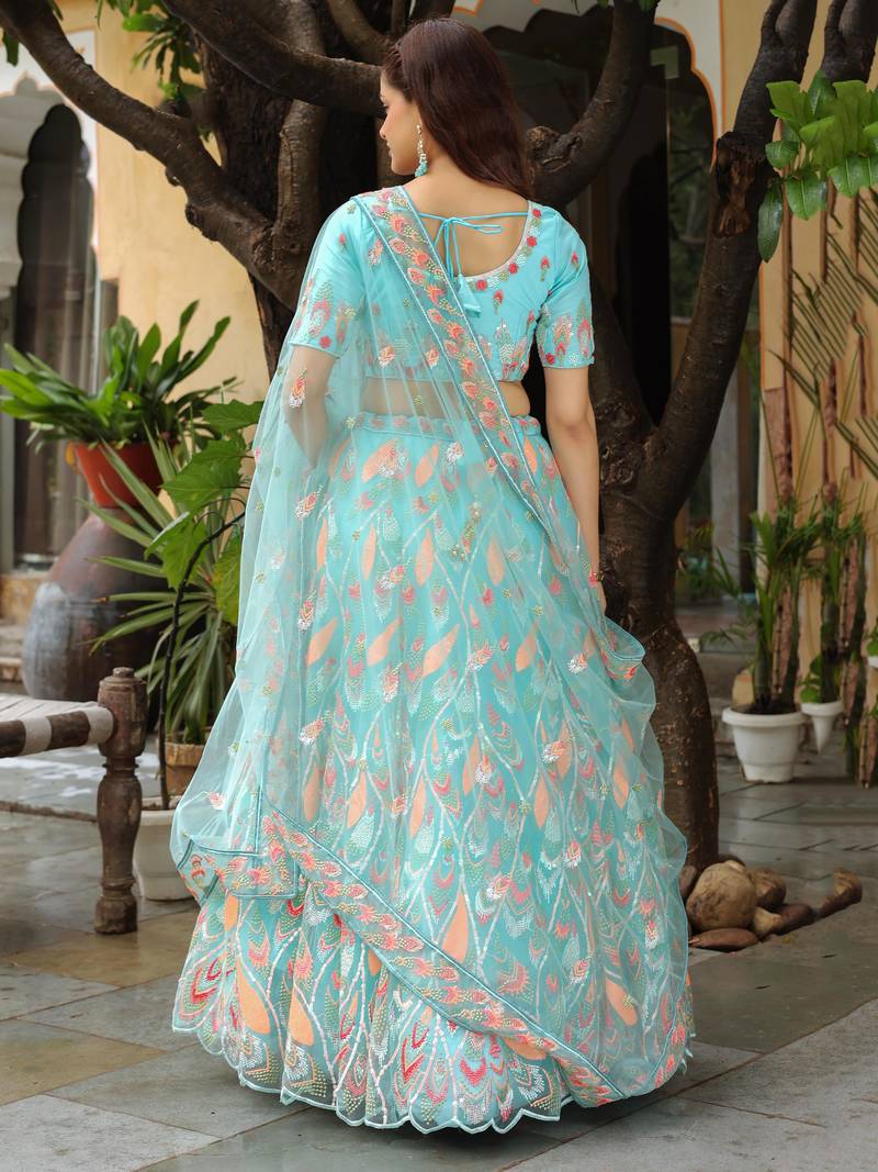 Awesome SkyBlue Sequins Georgette Engagement Lehenga Choli