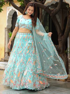 Awesome SkyBlue Sequins Georgette Engagement Lehenga Choli 5