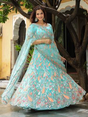 Awesome SkyBlue Sequins Georgette Engagement Lehenga Choli 6