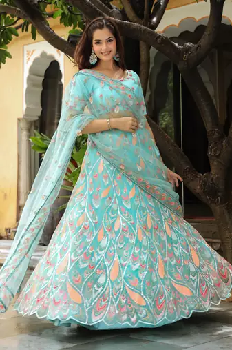 Awesome SkyBlue Sequins Georgette Engagement Lehenga Choli