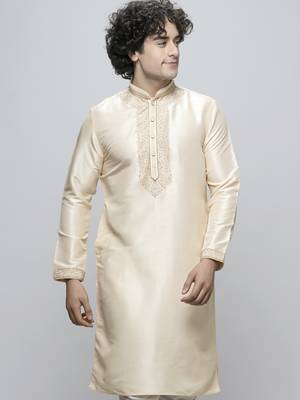 Maahi fabs cotton blend fine floral thread work regular fawn diwali ethnic kurta for men 1
