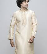 Maahi fabs cotton blend fine floral thread work regular fawn diwali ethnic kurta for men