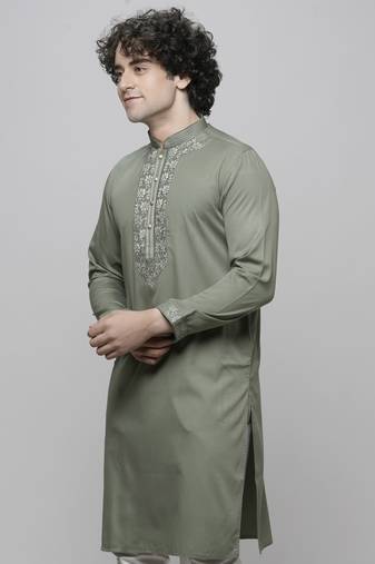 Maahi fabs cotton blend floral thread work regular pista diwali ethnic kurta for men