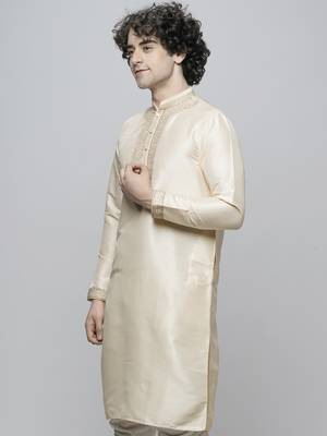Maahi fabs cotton blend fine floral thread work regular fawn diwali ethnic kurta for men 3
