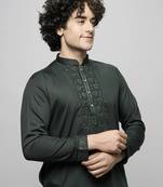 cotton blend floral thread work regular bottlegreen diwali ethnic kurta for men