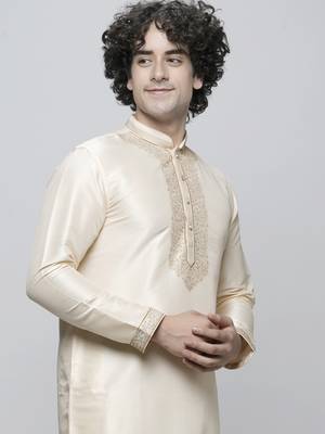 Maahi fabs cotton blend fine floral thread work regular fawn diwali ethnic kurta for men 4