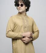 cotton blend floral thread work regular beige diwali ethnic kurta for men