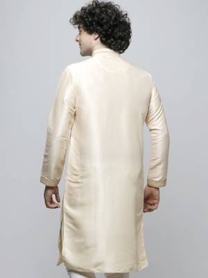 Maahi fabs cotton blend fine floral thread work regular fawn diwali ethnic kurta for men 5