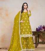 Mustard embroidered chinon silk stitched Palazzo suit